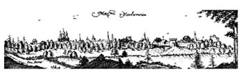 Вид города Мурома XVII в. Гравюра из книги Адама Олеария «Путешествие в Московию и Персию»