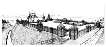 Муромский кремль в XVI в. Рисунок-реконструкция. Вариант Н. А. Беспалова