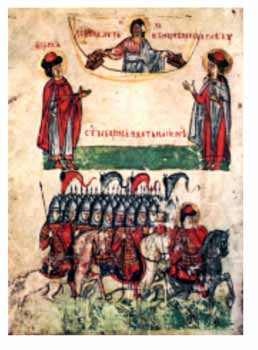 Миниатюра  из  рукописи  «Сказание о  Борисе  и  Глебе».  XIV  в.